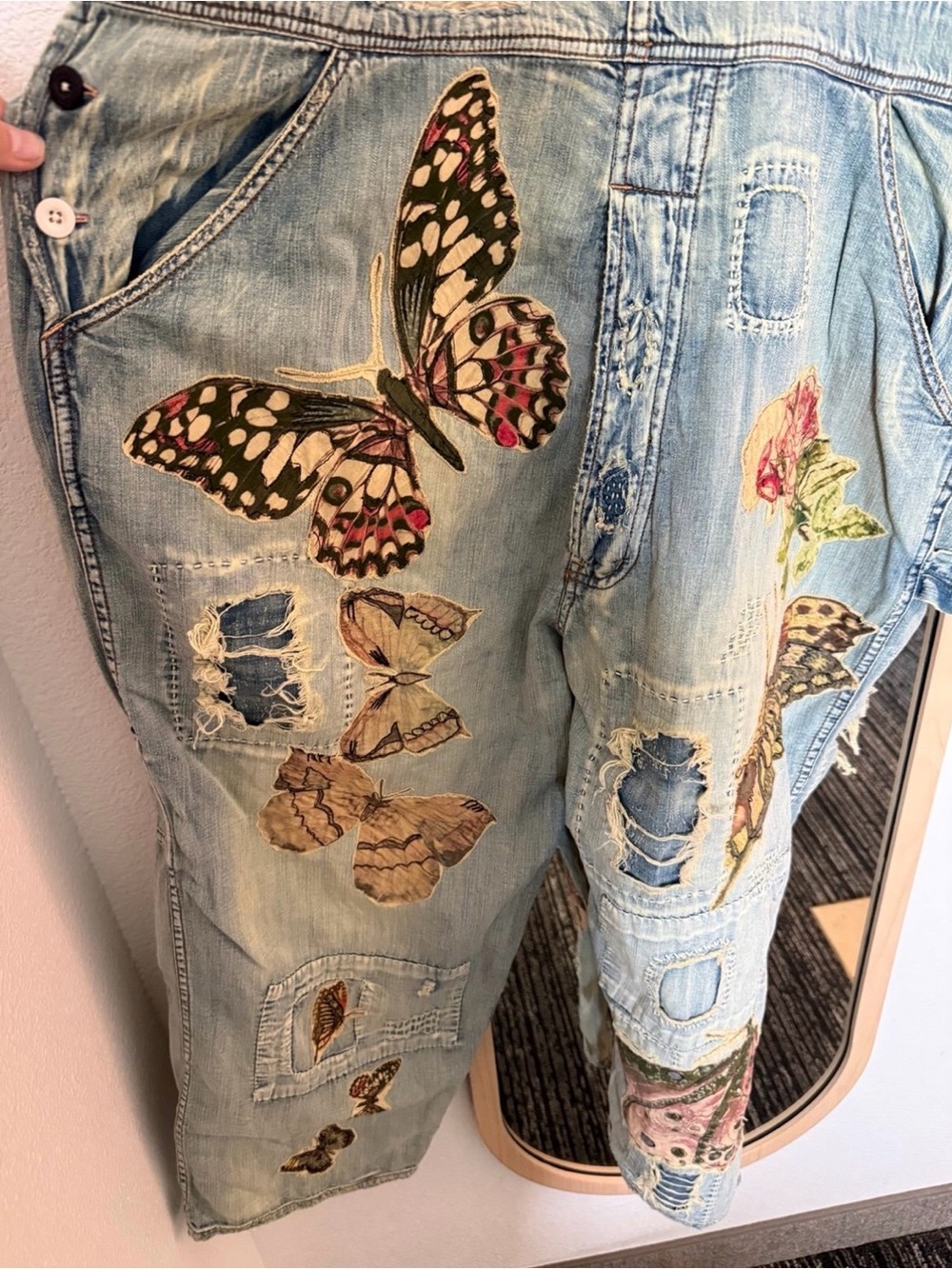 Magnolia Pearl Cotton Denim Appliqué Butterfly Overalls - Picture 10 of 14